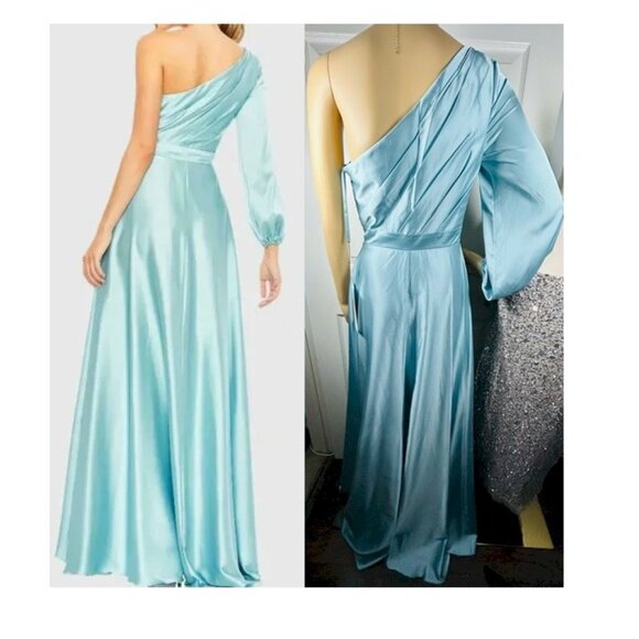 Ieena for Mac Duggal Blue One Shoulder Satin High Low Gown Size 2 NEW NWT - Picture 3 of 15